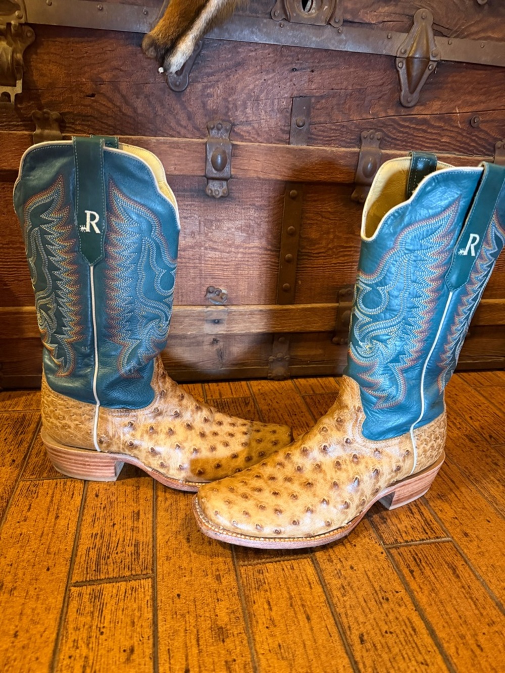 R. Watson Men's Tan Ostrich Leather Cowboy Boots with Teal Shaft - Picture 3 of 11